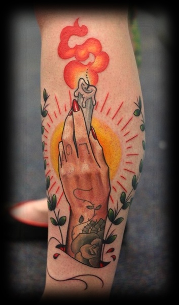 Burning Candle In Girl Hand Tattoo On Leg Calf
