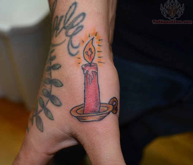 Burning Candle In Holder Tattoo On Hand