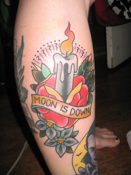 Burning Candle In Rose With Banner Tattoo On Leg Calf