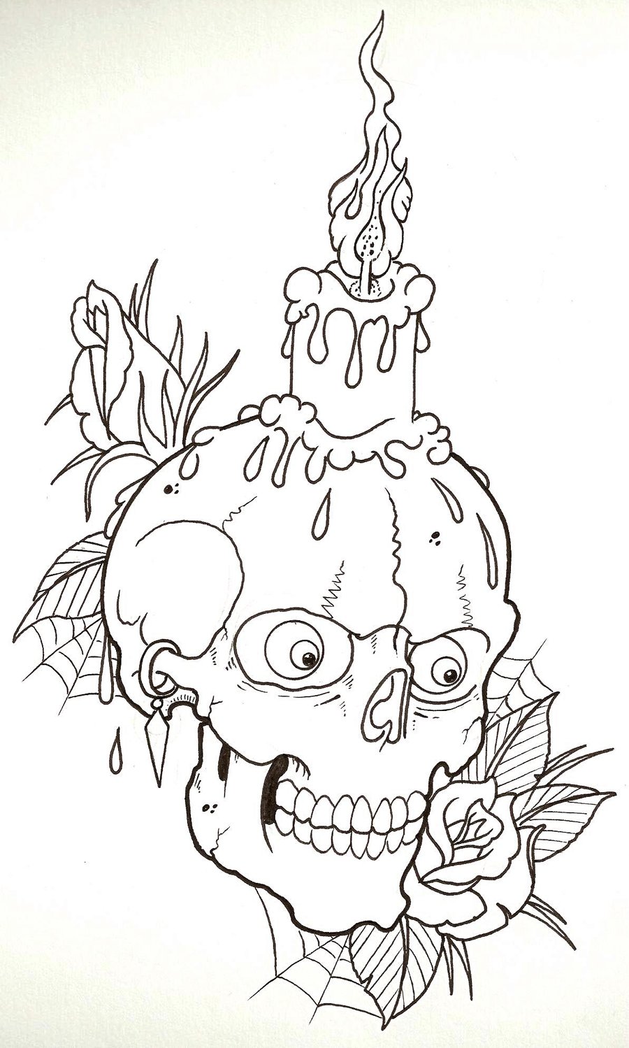 Burning Candle On Skull With Roses Tattoo Stencil By Arnt Erik Hedman