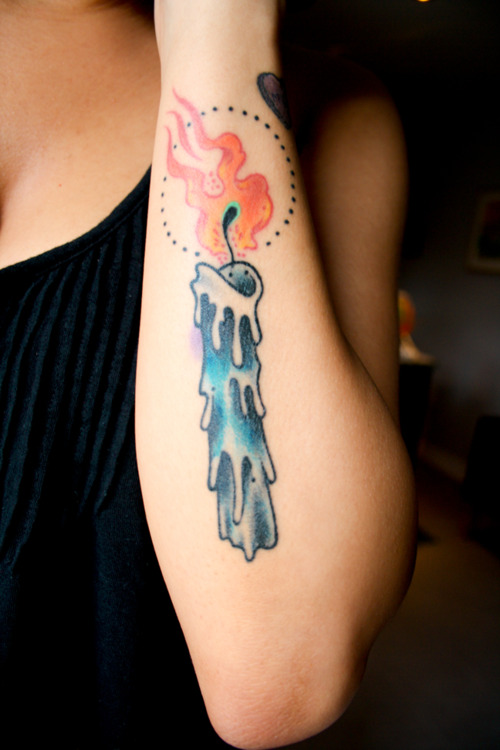 Burning Candle Tattoo On Girl Left Forearm