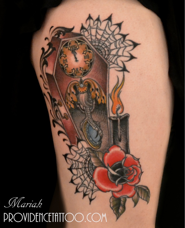 Burning Candle With Coffin And Rose Tattoo Design