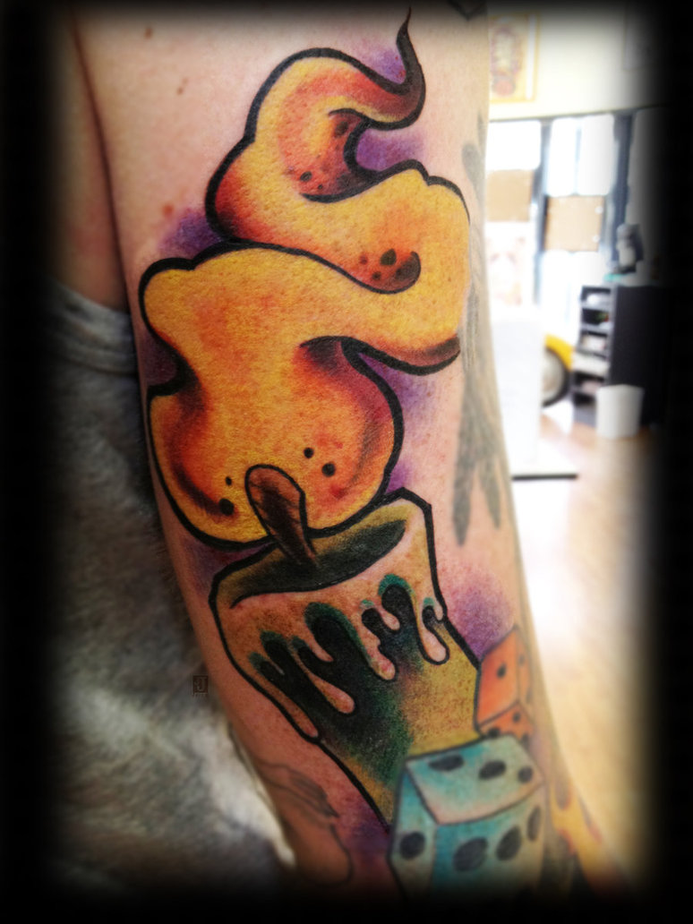 Burning Candle With Dice Tattoo Design For Half Sleeve
