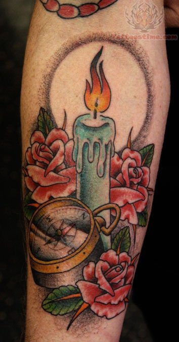 Burning Candle With Roses And Compass Tattoo On Forearm