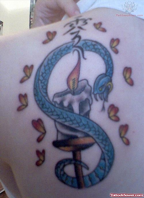 Burning Candle With Snake And Butterflies Tattoo On Left Back Shoulder