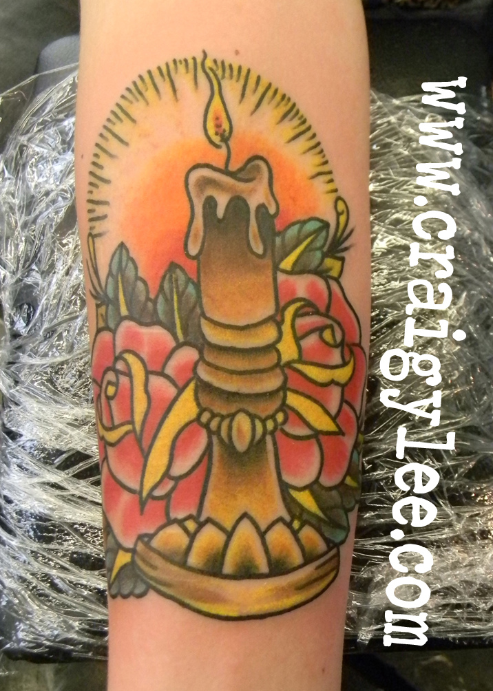 Burning Candle With Two Roses Tattoo On Forearm By Craigy Lee