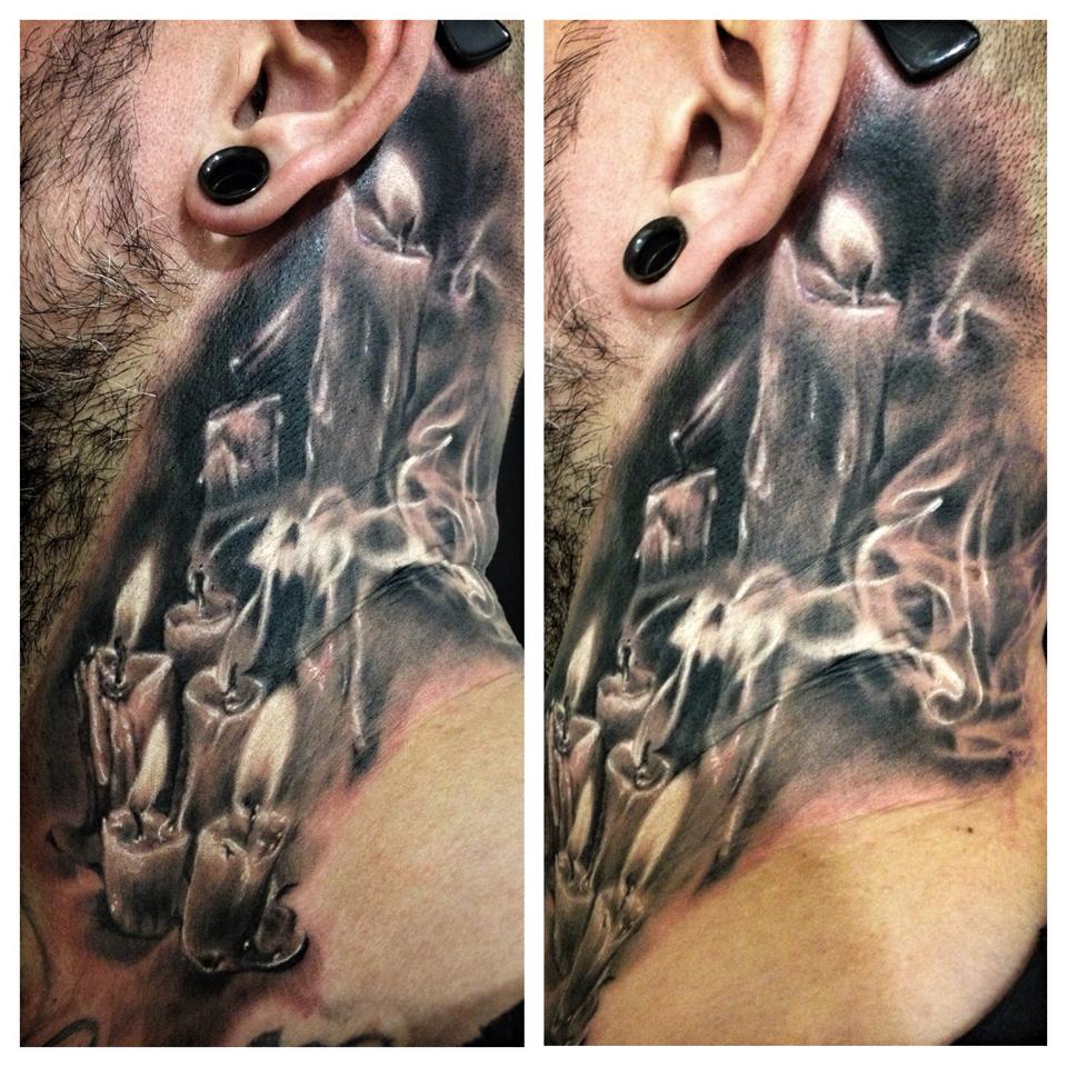 Burning Candles Tattoo On Man Behind The Ear