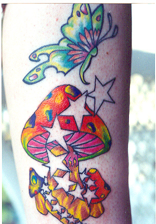 Butterfly And Mushroom Tattoo On Leg