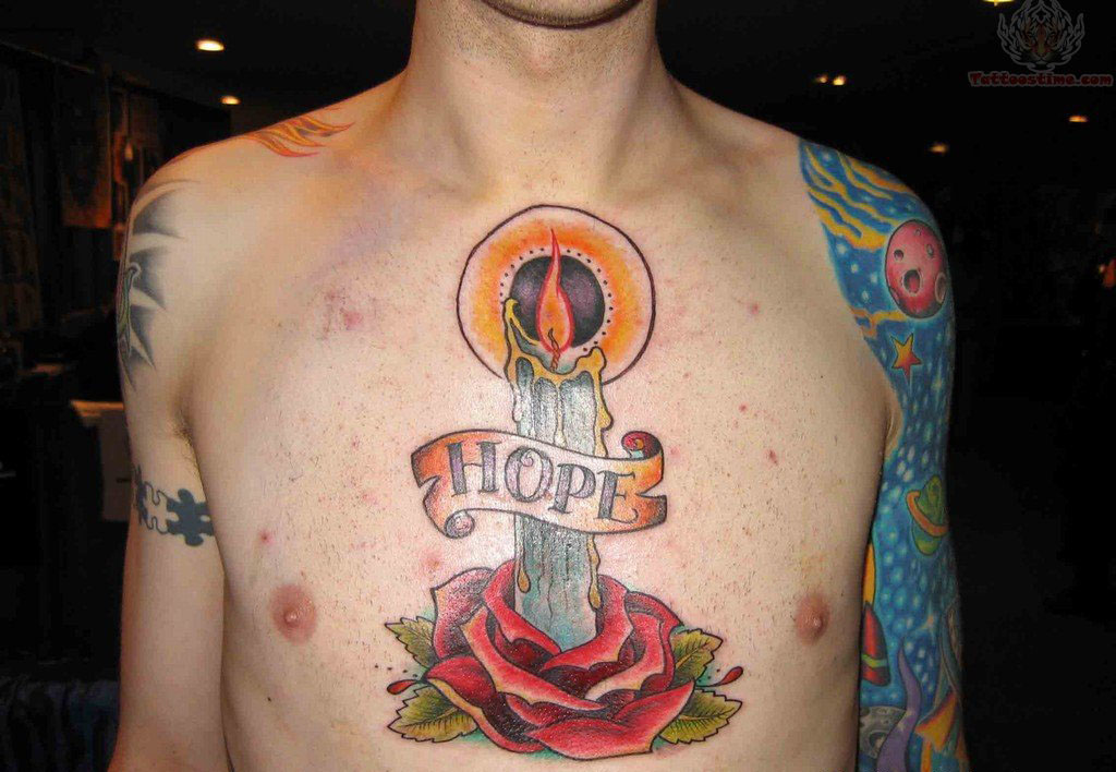 Candle In Rose With Banner Tattoo On Man Chest