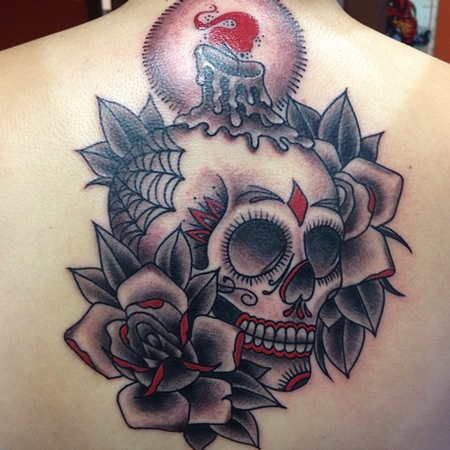 Candle On Sugar Skull With Roses Tattoo On Upper Back