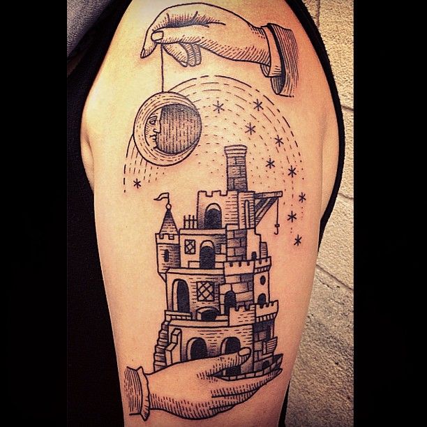 Castle In Hand Tattoo On Left Half Sleeve