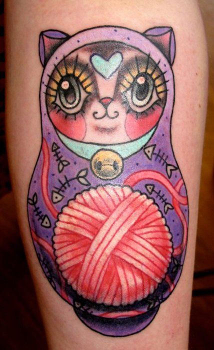 Cat Head Matryoshka Knitting Tattoo On Leg