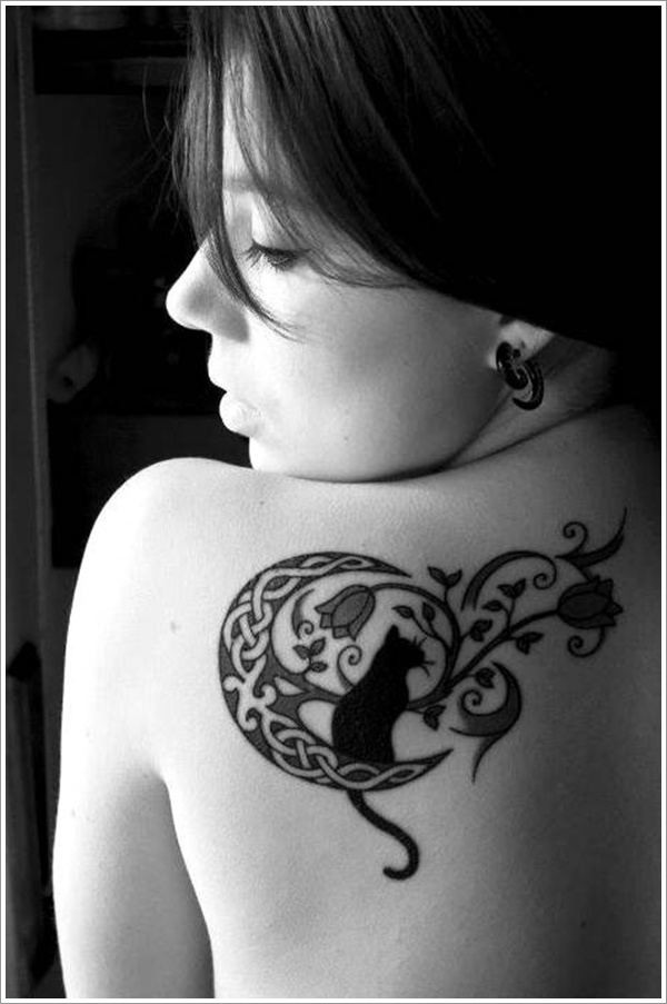 Cat On Celtic Half Moon With Flowers Tattoo On Girl Left Back Shoulder