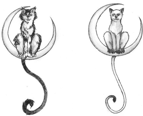 Cat On Half Moon Tattoo Design