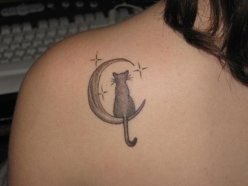 Cat On Half Moon With Stars Tattoo On Left Back Shoulder