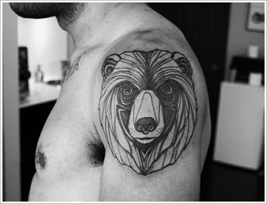 Classic Black Bear Head Tattoo On Man Left Shoulder