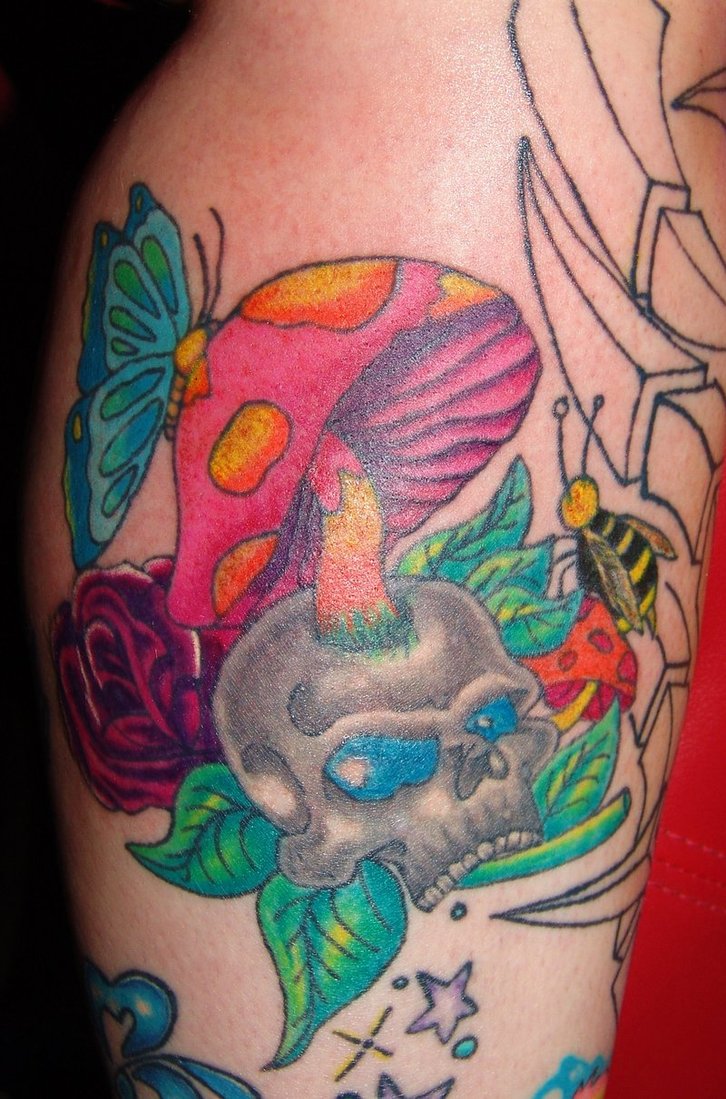 Colored Mushroom On skull Tattoo On Leg by starlitefairy24