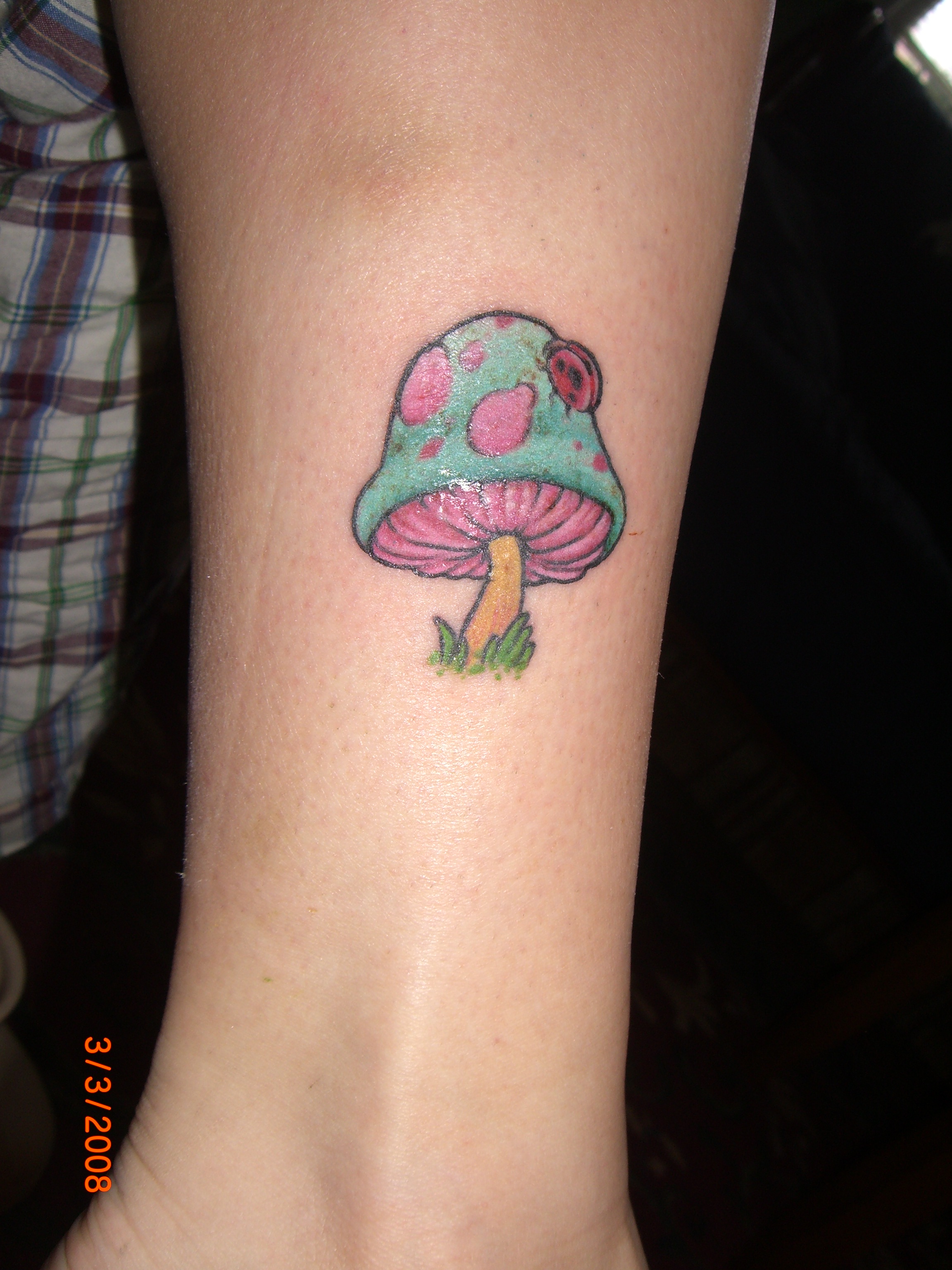 Colored Mushroom Tattoo On Leg