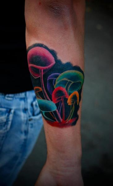 Colored Mushroom Tattoos On Forearm
