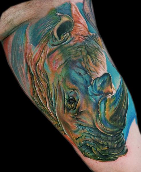 Colorful 3D Rhino Head Tattoo Design By Cecil Porter