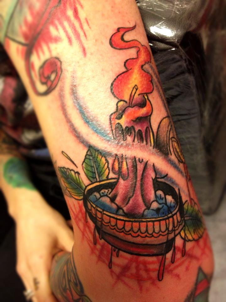 Colorful Burning Candle In Holder Tattoo On Elbow
