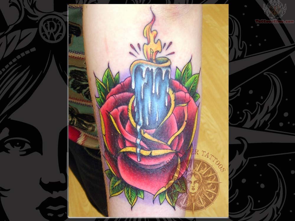Colorful Burning Candle In Rose Tattoo Design For Forearm