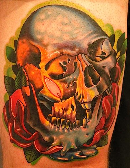 Colorful Burning Candle In Skull Mouth Tattoo Design