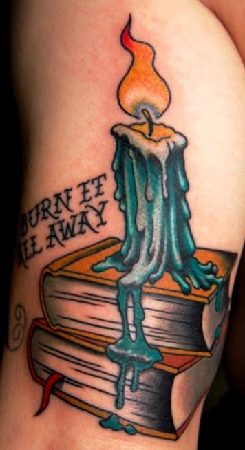 Colorful Burning Candle On Books Tattoo Design