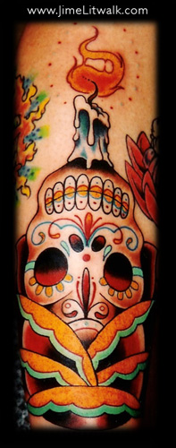 Colorful Burning Candle On Upside Down Sugar Skull Tattoo Design