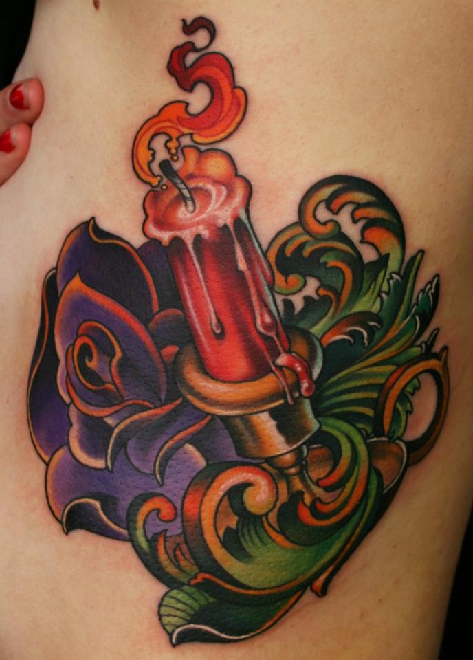 Colorful Burning Candle With Flowers Tattoo Design
