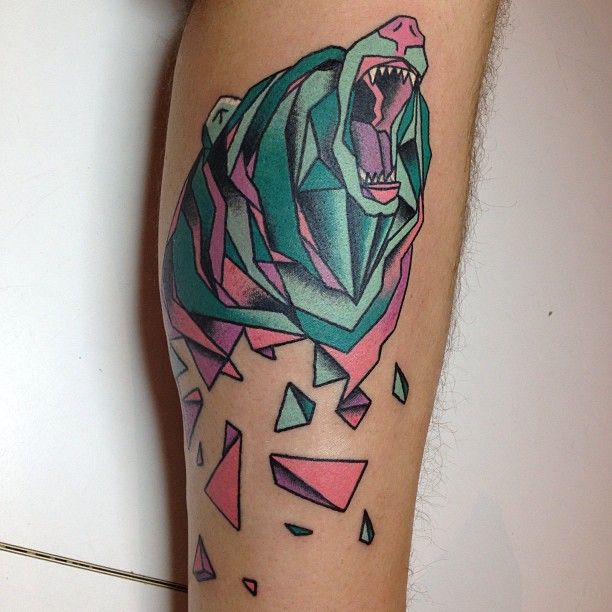 Colorful Geometric Bear Tattoo Design For Forearm