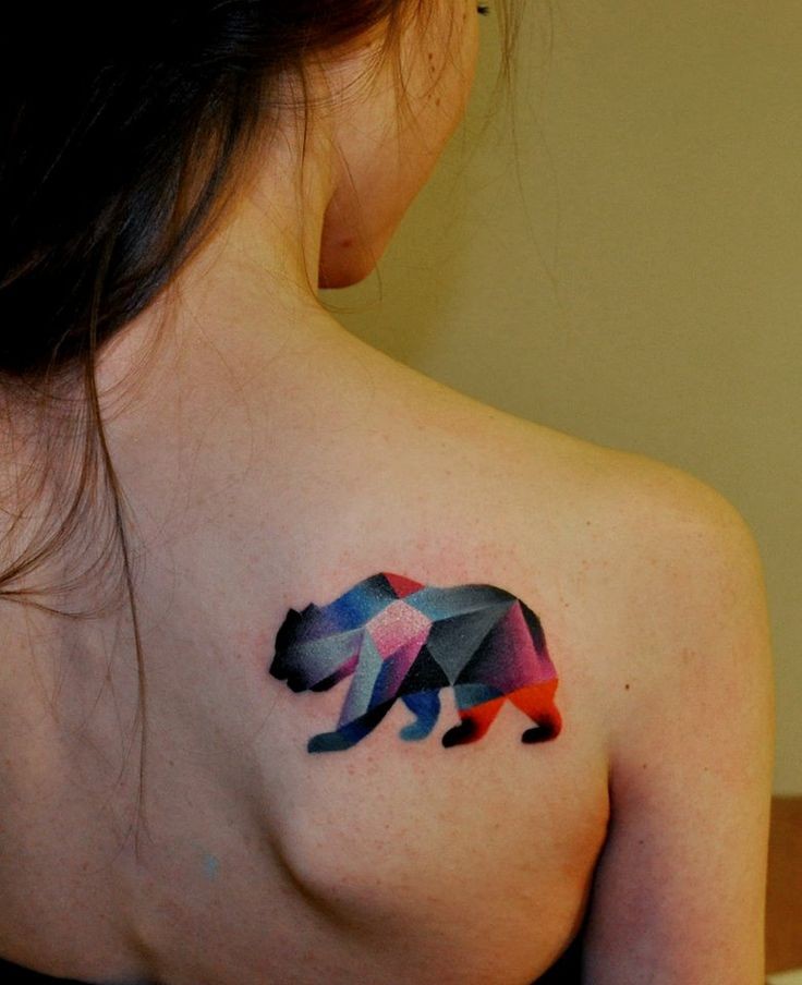 Colorful Geometric Bear Tattoo On Girl Right Back Shoulder