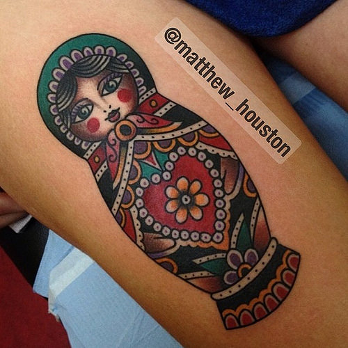 Colorful Matryoshka Tattoo On Leg