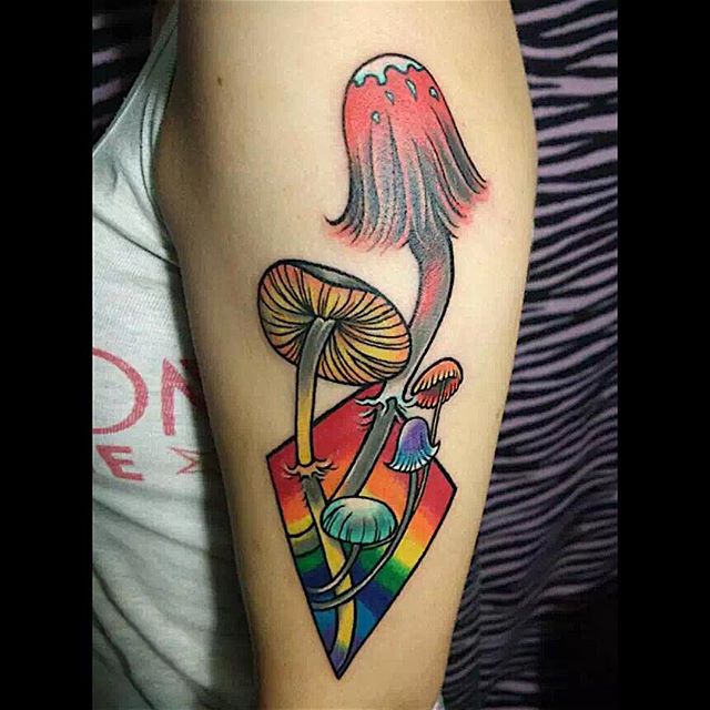 Colorful Mushroom Tattoo On Girl Left Half Sleeve