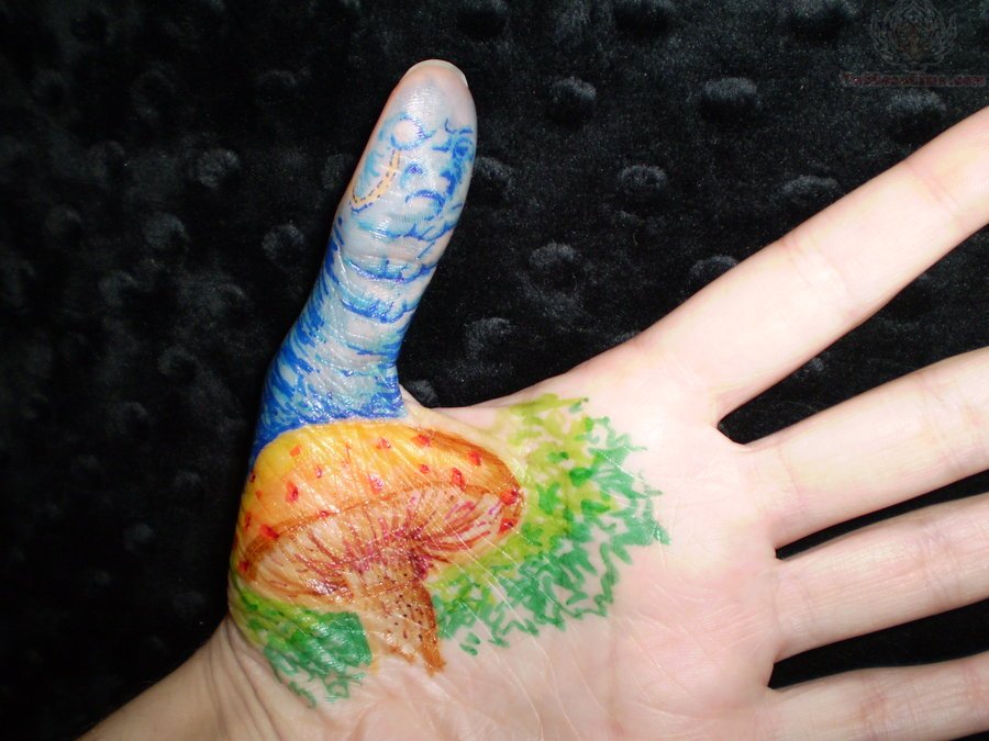 Colorful Mushroom Tattoo On Left Hand