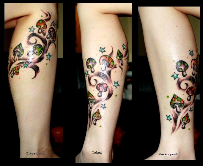 Colorful Stars And Mushroom Tattoo On Leg
