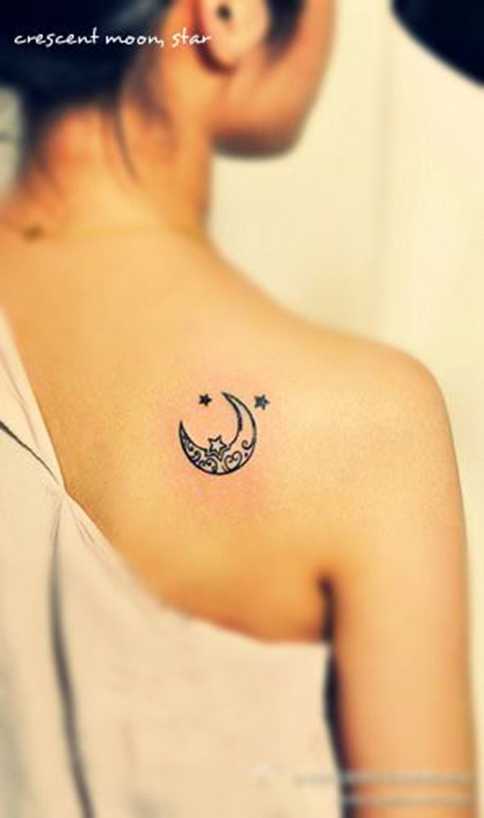 Cool Half Moon With Stars Tattoo On Girl Right Back Shoulder