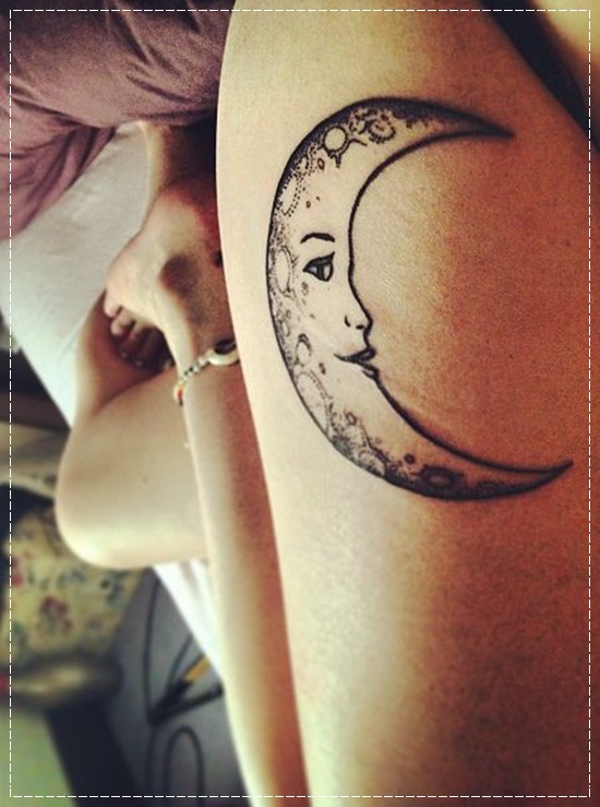Cute Half Moon Face Tattoo On Thigh