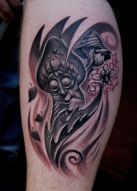 Dark Grey Ink Mushroom Tattoo On Leg
