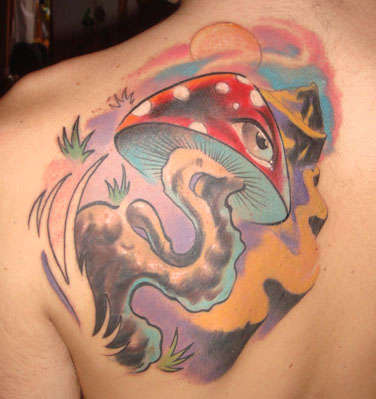 Evil Mushroom Tattoo On Left Back Shoulder