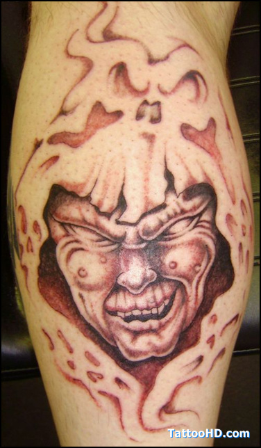 Evil Mushroom Tattoo On Leg Calf