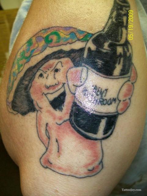 Evil Mushroom With Beer Bottle Tattoo On Shoulder