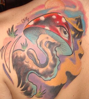 Eye Mushroom Tattoo On Left Back Shoulder