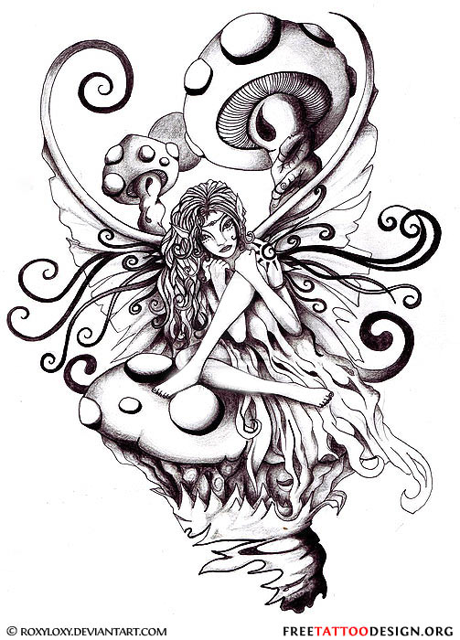 Fairy And Evil Mushroom Tattoos Designs