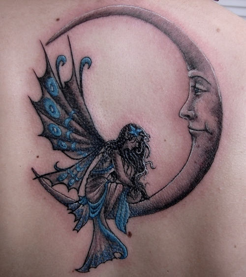 Fairy On Half Moon Tattoo Design For Upper Back