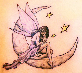 Fairy On Half Moon With Stars Tattoo Design