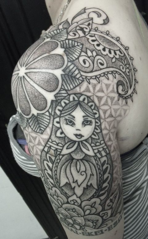 Flower And Matryoshka Tattoo On Left Half Sleeve