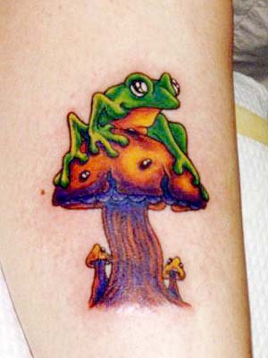 Frog On Mushroom Tattoo On Leg