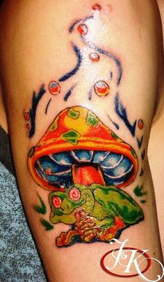 Frog Sit Under Mushroom Tattoo On Half Sleeve