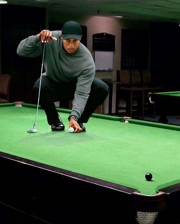 Funny Man With Golf Stick On Snooker Table